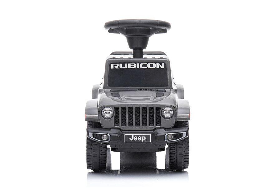 Een speelgoedauto voor kinderen waarop ze kunnen zitten in een grijs Jeep model - vooraanzicht