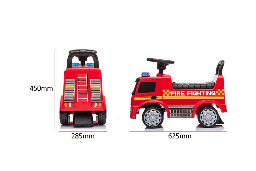 rode speelgoed brandweerwagen loopauto met afmetingen ernaast