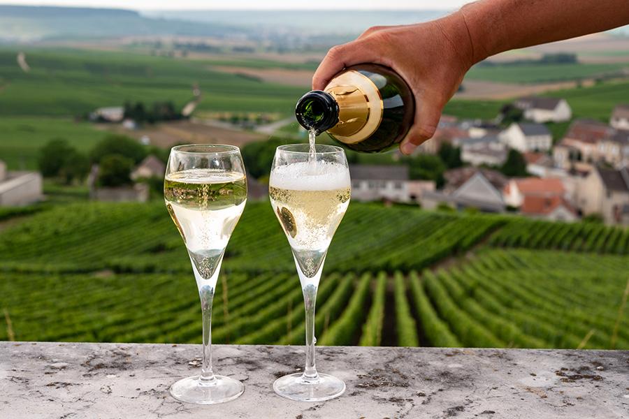 Champagneglazen met wijngaarden