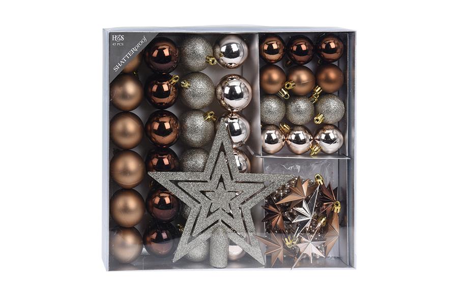 Kerstballen en piek in bruin- en bronstinten (45-delig)