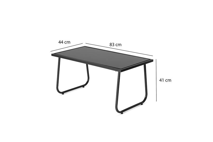 Een zwarte tafel op witte achtergrond met afmetingen